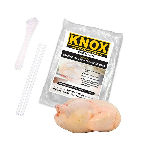 Knox Brand Poultry Shrink Bags 35 Pack, 13" X 18" Bags, Zip Ties Included, Thick Plastic, BPA Free, For Chickens, Turkeys and Rabbits