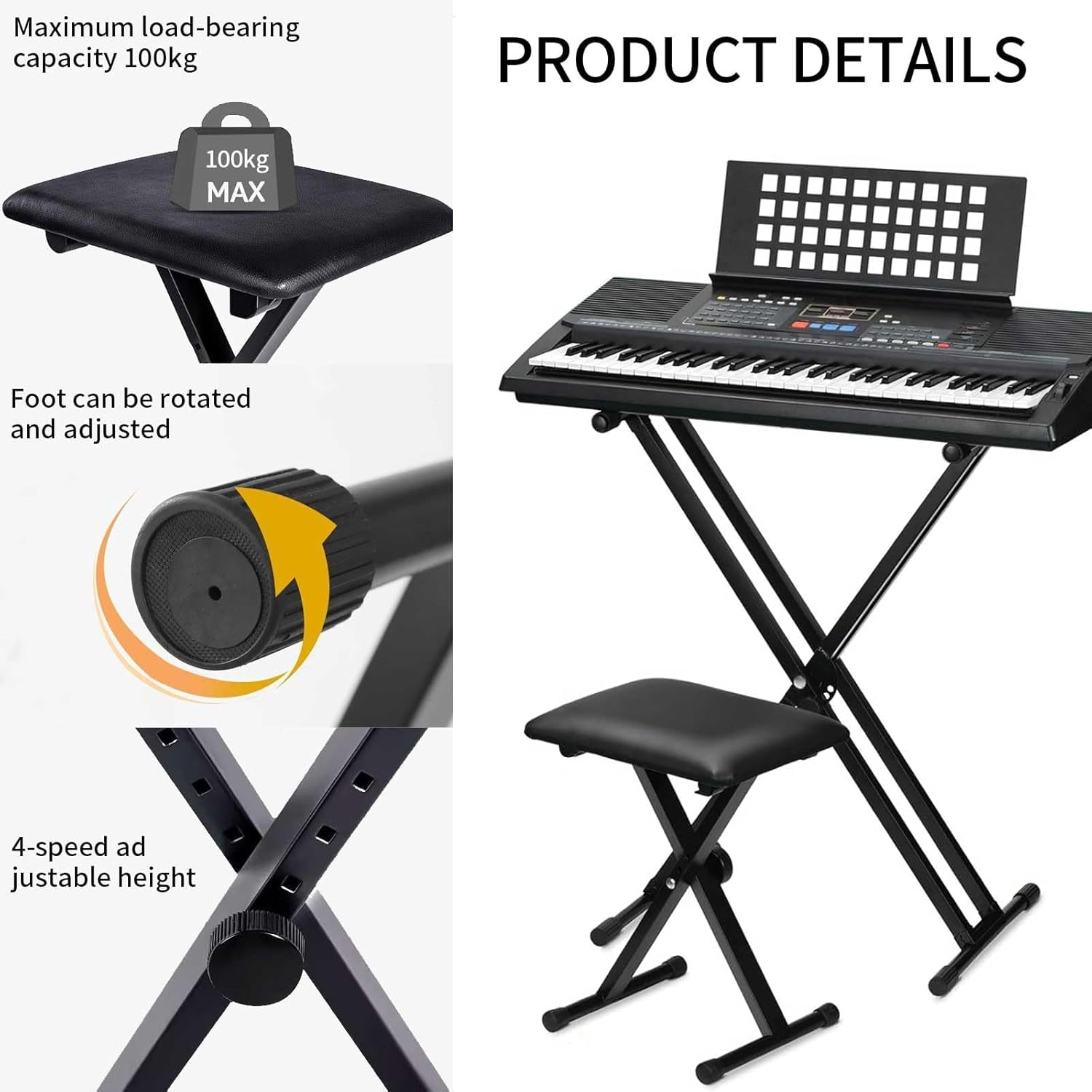 stusgo Keyboard Bench, Adjustable Black Piano Benches, Keyboard Chair, 3-Level Lifting Piano Stool