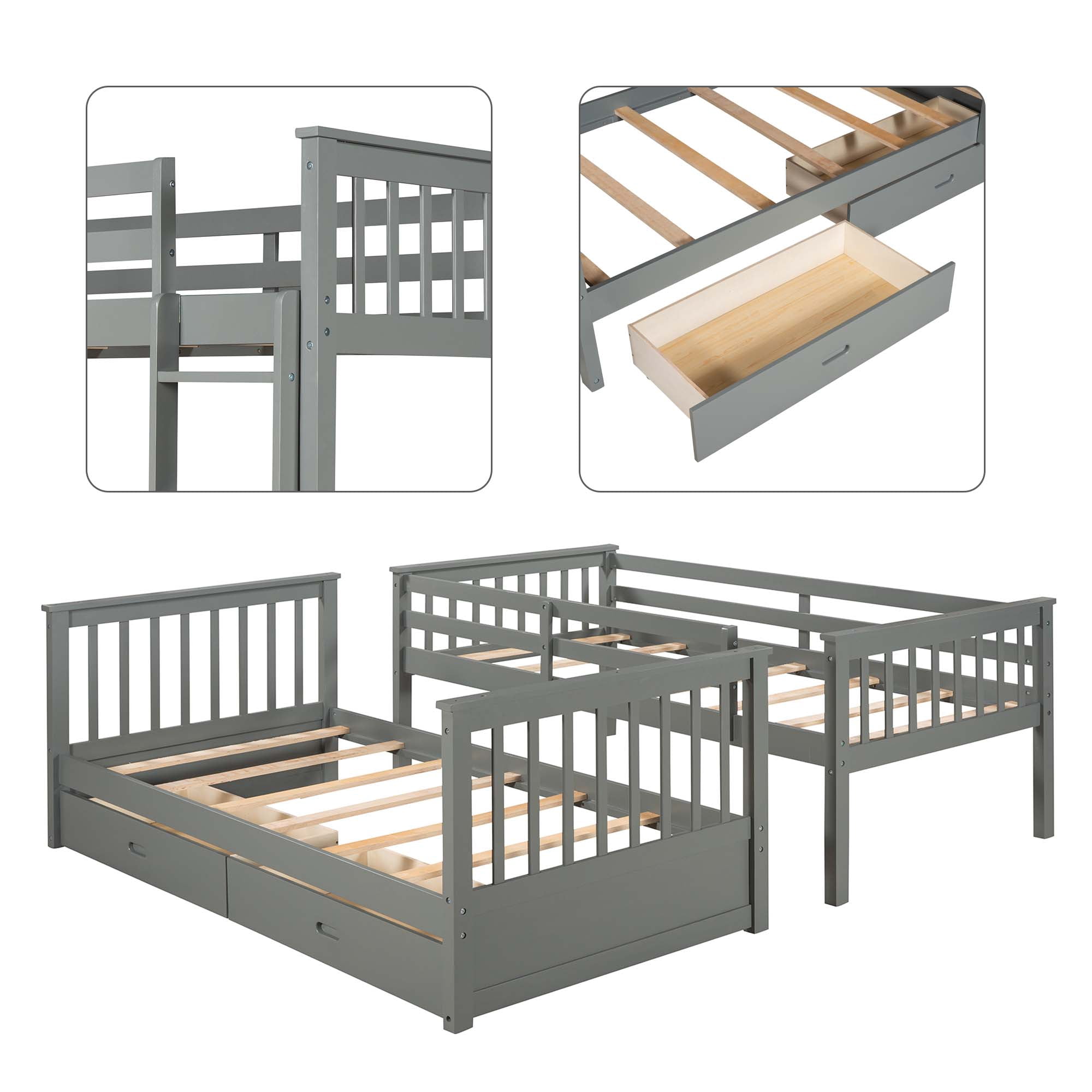 Aukfa Twin over Twin Bunk Bed with Two Storage Drawers, Wood Convertible Two Bed for Kids Teens - Gray