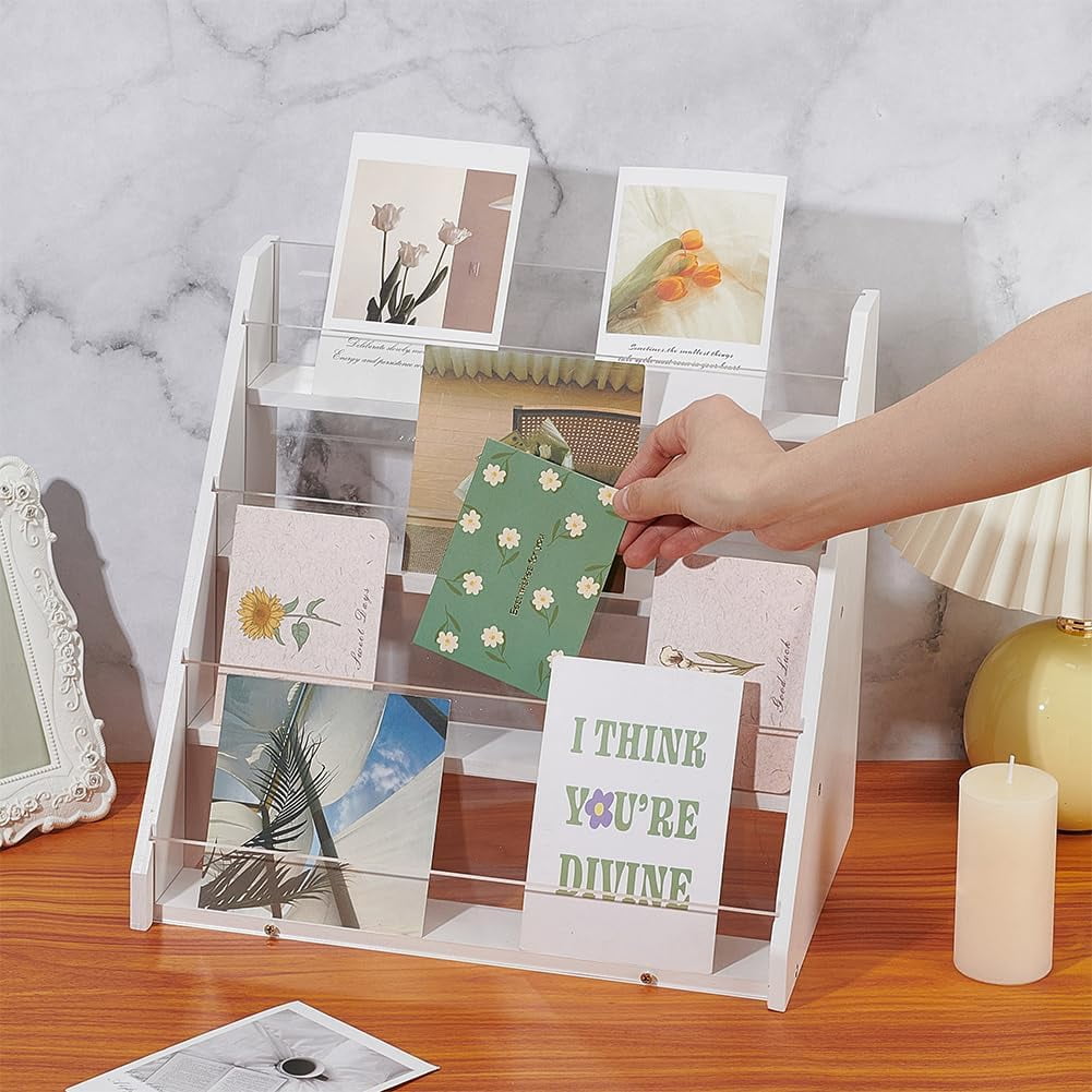 4-Tier Greeting Card Display Stands Bamboo Acrylic Display Case Postcard Rack Portable Sticker Display Stand Counter Retail Display Rack for Bookmark Counter Tabletop