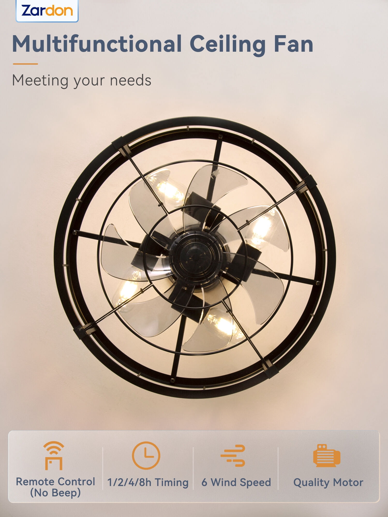 Zardon 18" Brown Antique Caged Indoor Ceiling Fan with Quiet DC Motor,  LED Lights, Remote Control, 6 Speeds