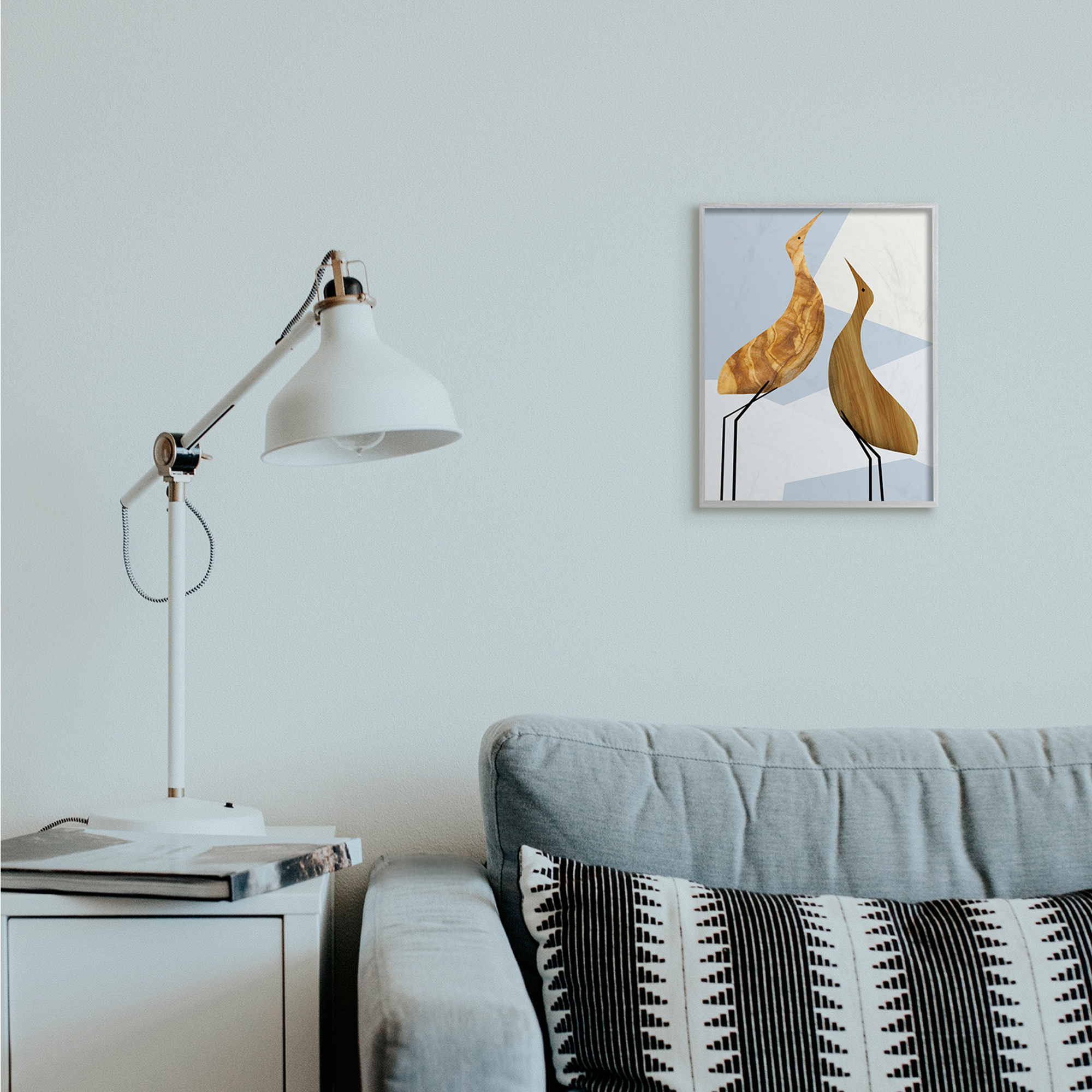 Stupell Industries Tall Tree Pattern Birds Blue Geometric Shapes Gray Framed by Daphne Polselli