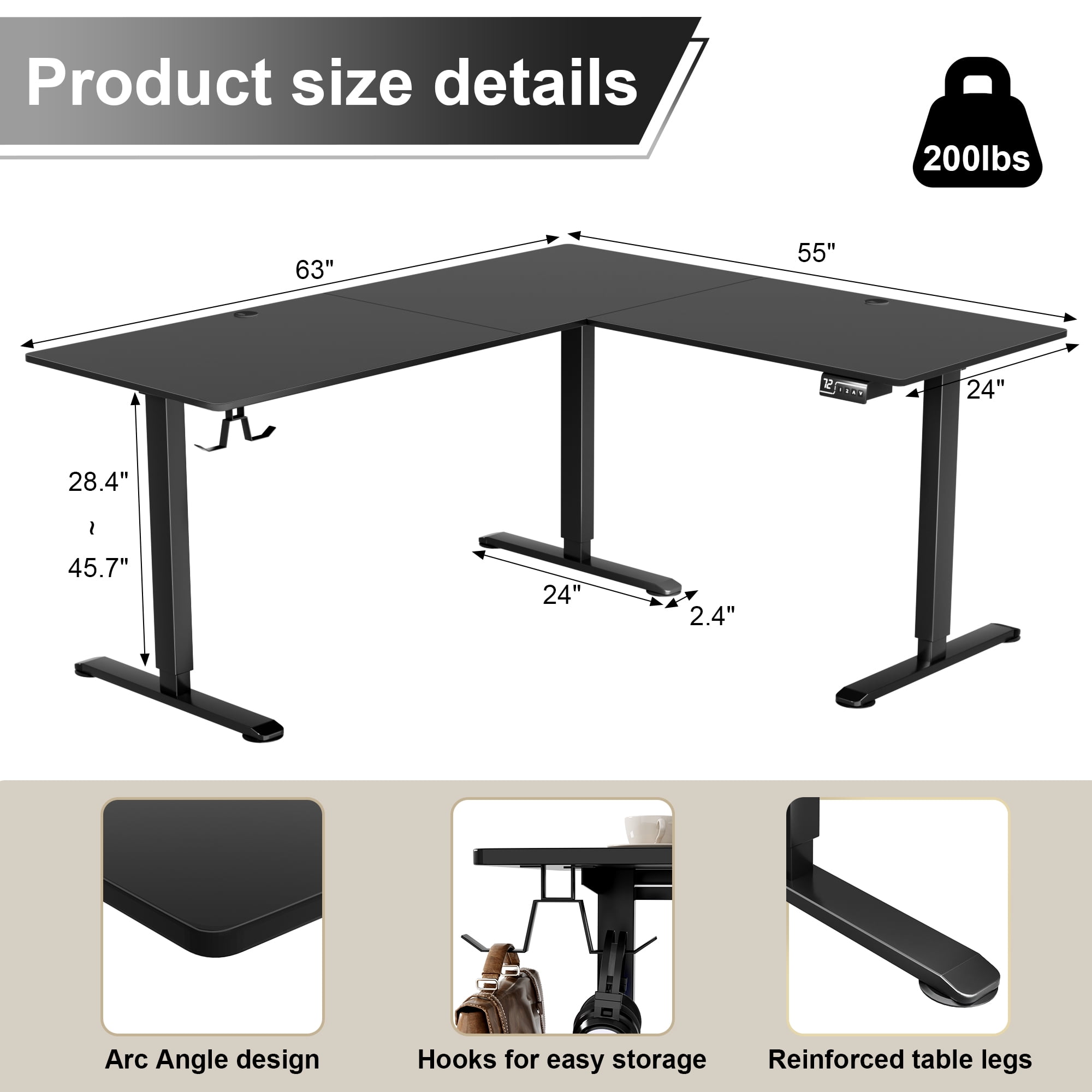 Homall 63in Wide L-shaped Electric Sit-Stand Desk Lifting Range 28~46in Height Gear Memory Ergonomics Standing Desk Height Adjustable Computer Desk, Black