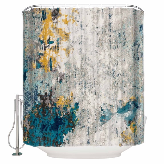Fabric Shower Curtain, Abstract Blue Yellow and White Distressed Shower Curtains with 12 Hooks Waterproof Machine Washable Bath Curtains for Bathroom, 48x 72in