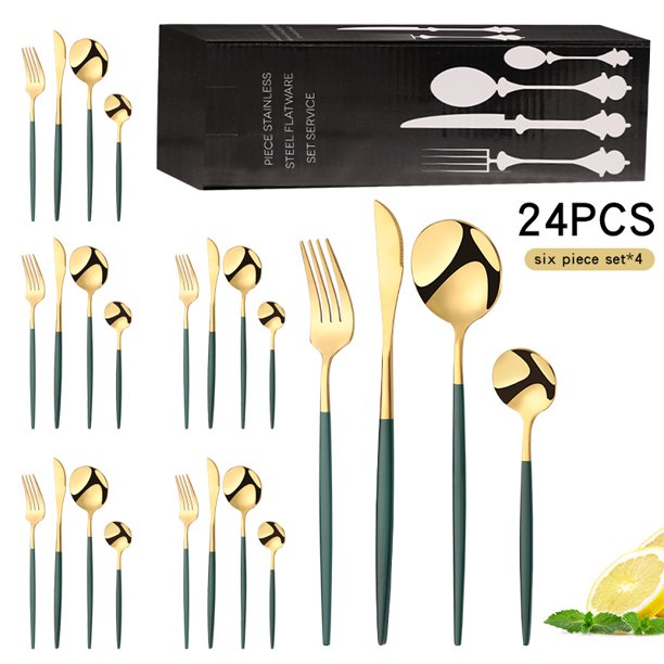 Juego de vajilla de acero inoxidable con pintura dorada portuguesa, cuchillo, tenedor, cuchara, cucharilla para té, caja de regalo