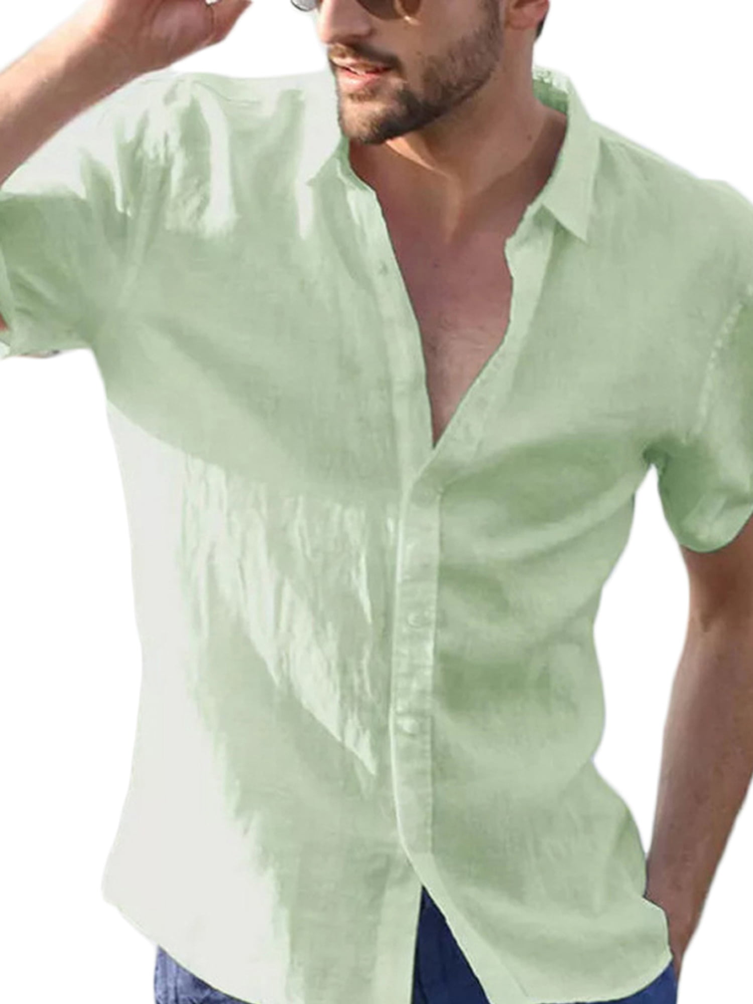 Summer Vintage Short Sleeve for Men Solid Beach Linen Fishing Tees Retro T Shirts Blouse Collar Plain Summer Blouses