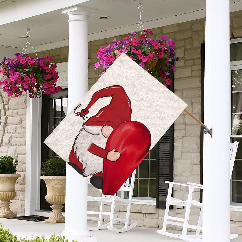 Valentines Day Gnome House Flag Double Sided 28x40 Inch Red Heart Love Valentine‘s Day Wedding Anniversary Holiday Farmhouse Outdoor Decoration Garden Yard Flags Lawn