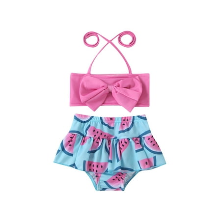 

Canrulo Summer Girls Two-piece Swimming Clothes Set Halter Sleeveless Tops Printed Shorts Beachwear Rosy 6-12 Months