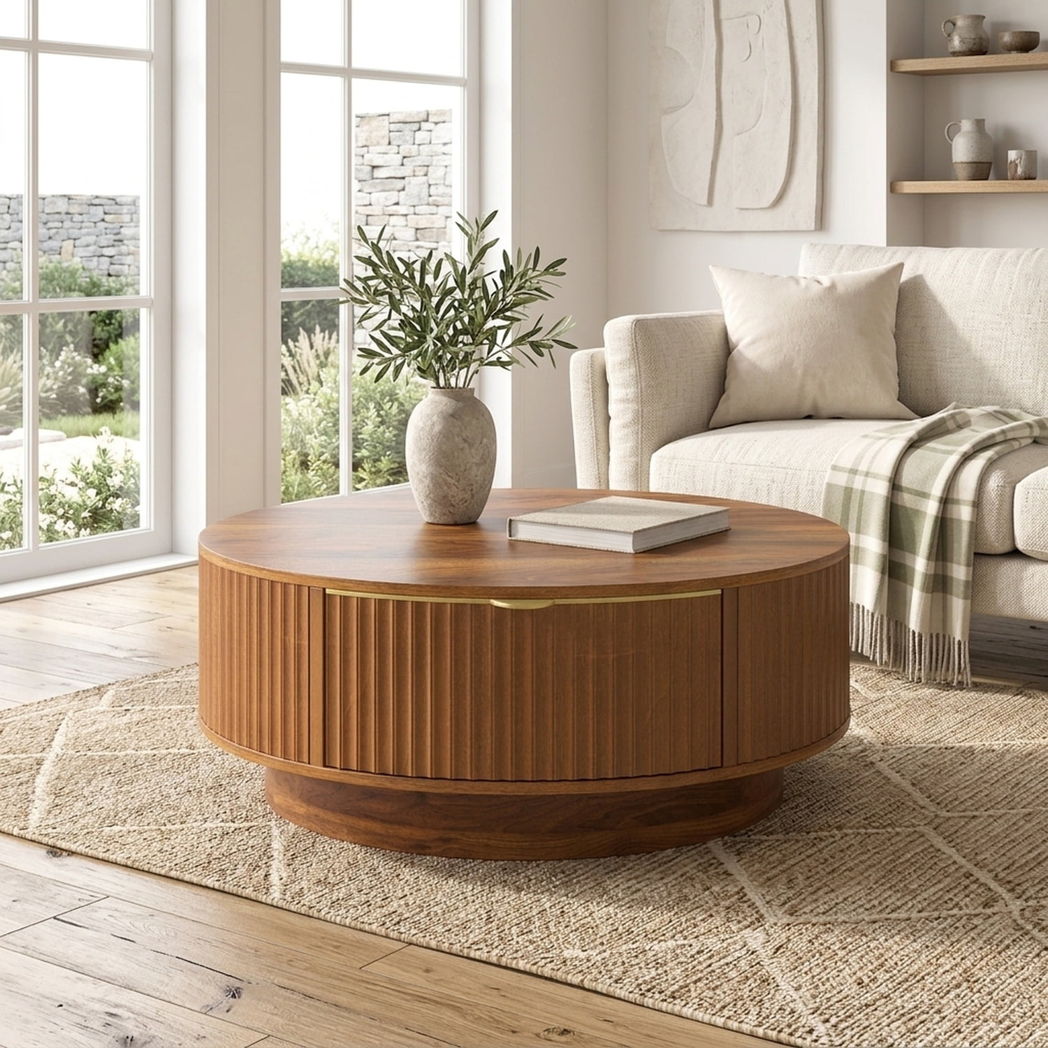 Round Coffee Table with Storage Drawer and Golden Handle - Modern Fluted Design for Living Room