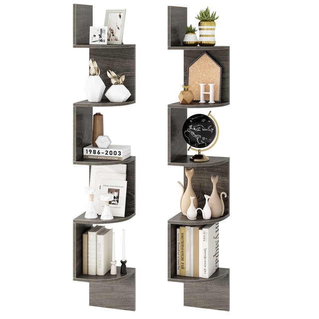 Patiojoy 2pcs 5-Tier Corner Shelf Wall Mount Floating Corner Bookshelf Industrial Corner Ladder Shelf Oak