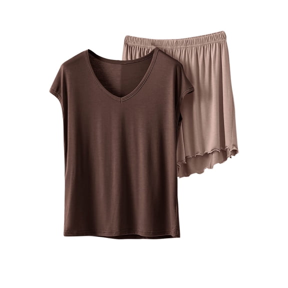 QQAMB Womens Pajama Sets Modal Shorts 2 Piece Lounge Set Short Sleeve Pjs for Women Soft Summer Sleepwear Brown 2XL