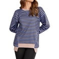 thumbnail image 5 of Siliteelon Womens Striped Oversized Sweatshirt Crew neck Long Sleeve Side Slits Pullover Tops Casual Fall Fashion Outfits Clothes Black-Blue, 5 of 7