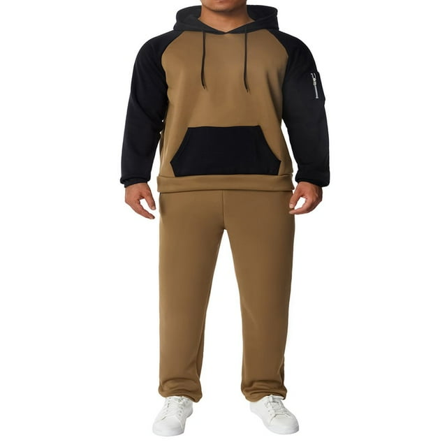 Men‘s Fitness Sports Pants Set Contrast Color Patchwork Drawstring Hooded Large Pocket Sweater + High Stretch Pants