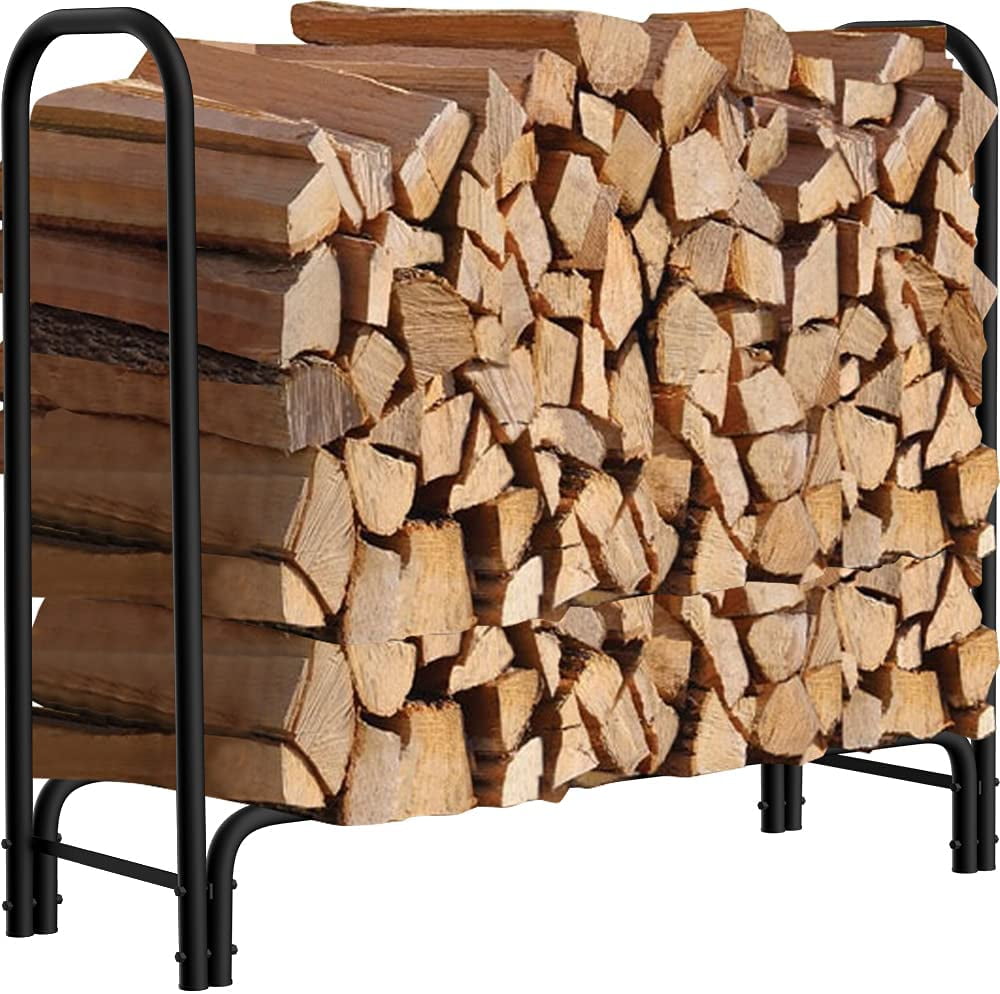Black 8 Ft Outdoor Indoor Firewood Log Rack with Cover and Tote Bag Combo Waterproof Wood Storage for Fire Wood Stand Heavy Duty Log Holders for Inside Fireplace 