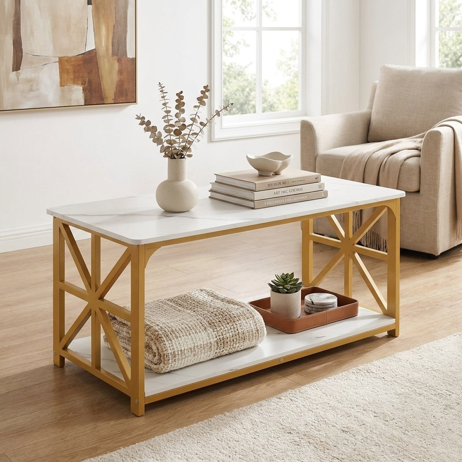 Furnibear 2-Tier Modern Center Coffee Table with Bottom Storage Shelf and Gold X-Accent Carbon Steel Frame for Living Room, White