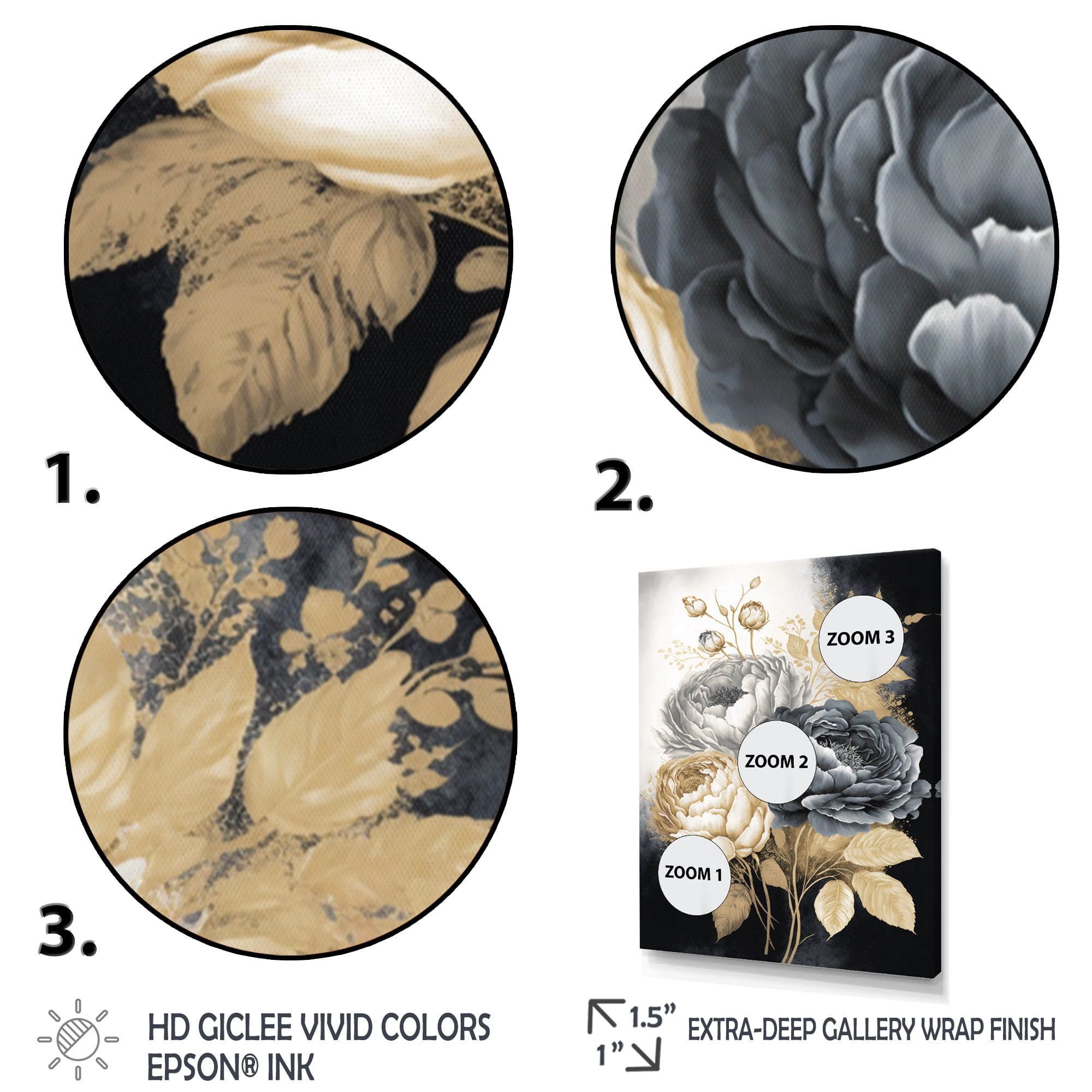 Designart White, Gold And Black Rose Bouquet II Canvas Wall Art