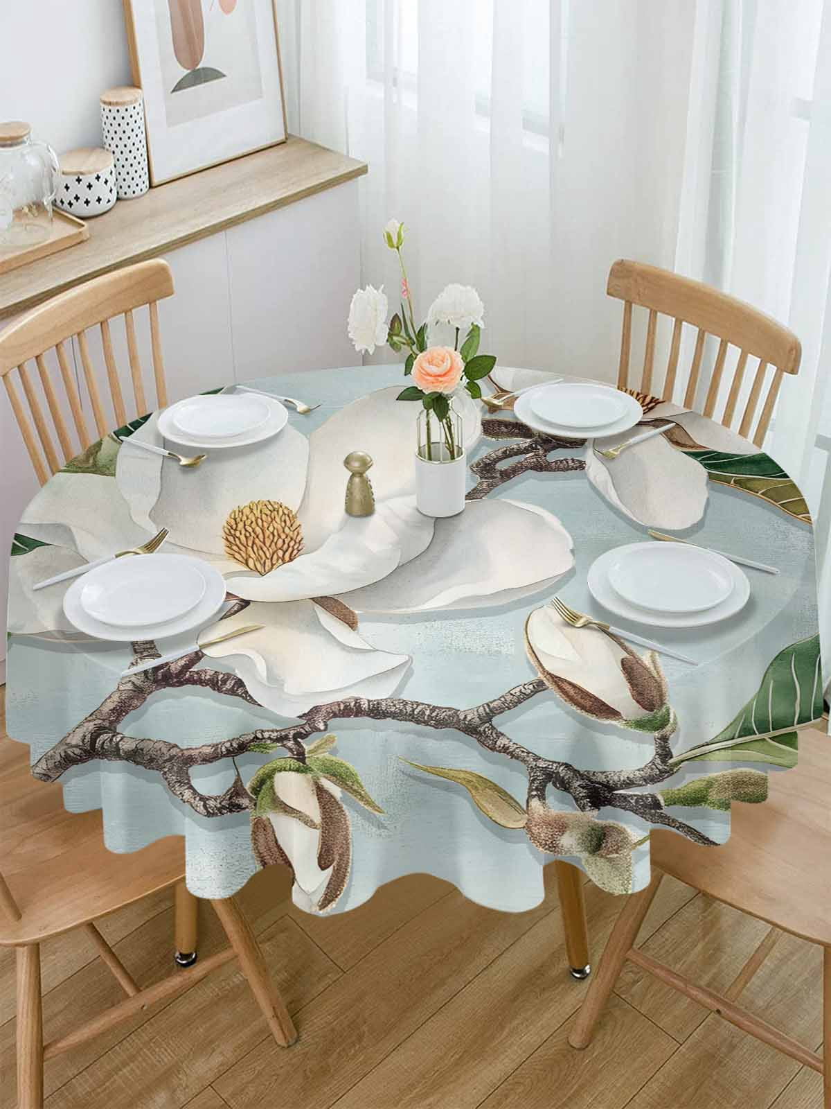 Round Tablecloth Farmhouse Rustic Magnolia Waterproof Oil Proof Polyester Table Cloth Cover Decor for Home Dining Outdoor,Patio,Parties, 60" Dia. White Green