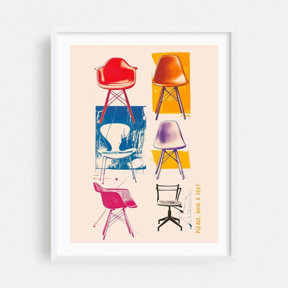 Please have a seat - Illustration Pop Art Mid-Century Modern Modern Art Vintage Abstract Typography Quote White Framed Wall Art Print 18 x 24 inches