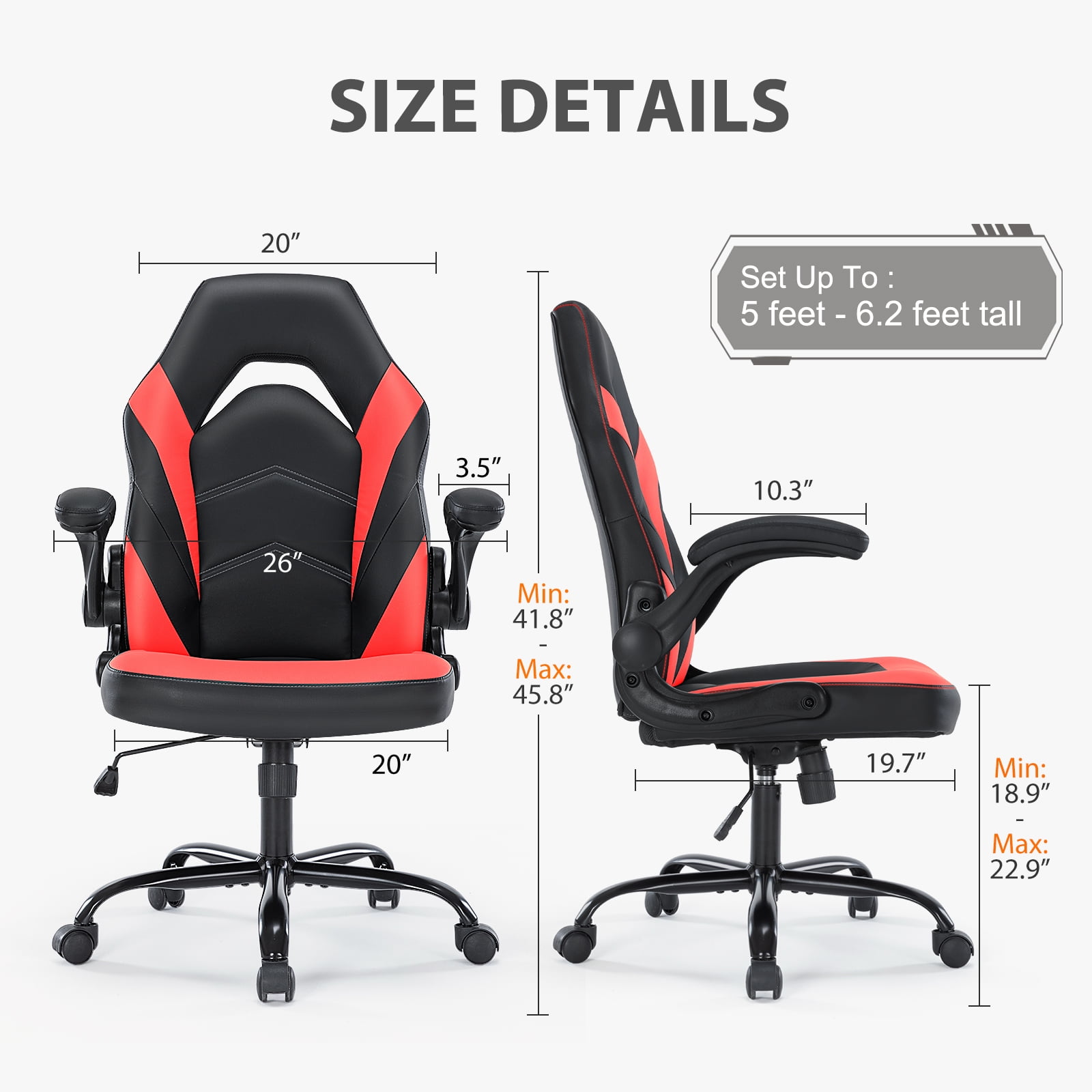 GIANNA Ergonomic PU Leather Computer Gaming Chair, Adjustable Swivel Racing Chair with Flip-up Armrest, Black Red