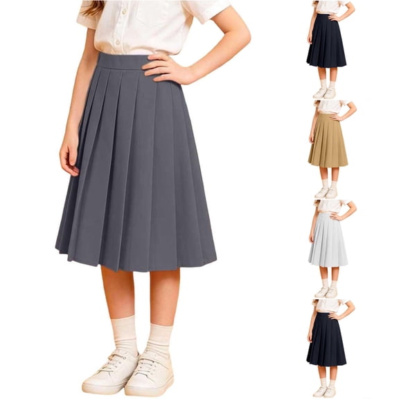 Rggeeun Child Girls Skirt A Line Solid Color High Waist Stretchy with Pleated Ruffle Knee Length for Summer Party Casual Skirts,Gray,11-12 Years