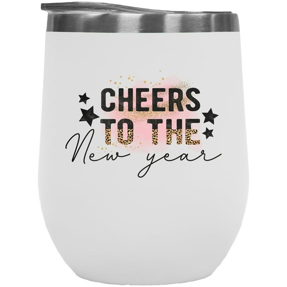 Cheers to the New Year with Leopard Print & Glitters Art Merch Gift, White 12oz Wine Tumbler