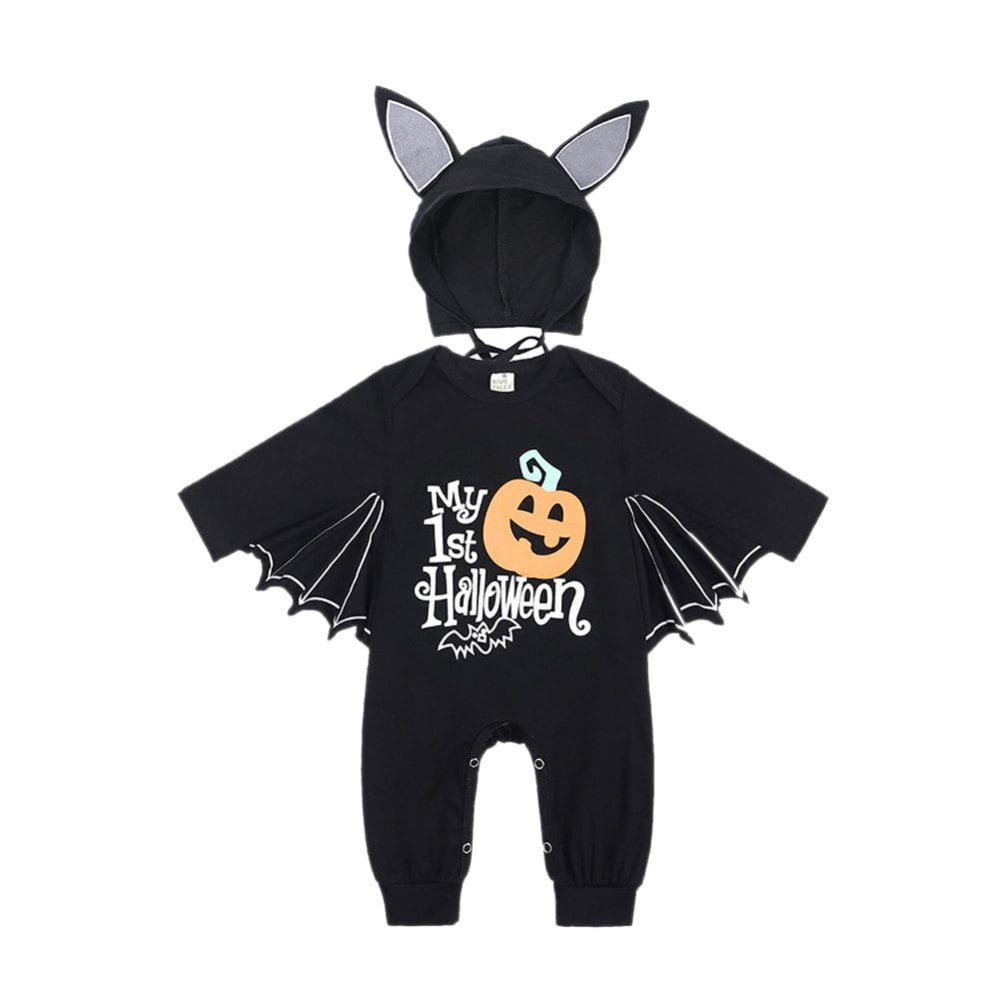 Infant Baby Black Bat Costumes Cloak Romper with Hat Halloween Bat Outfits Playsuit Jumpsuits