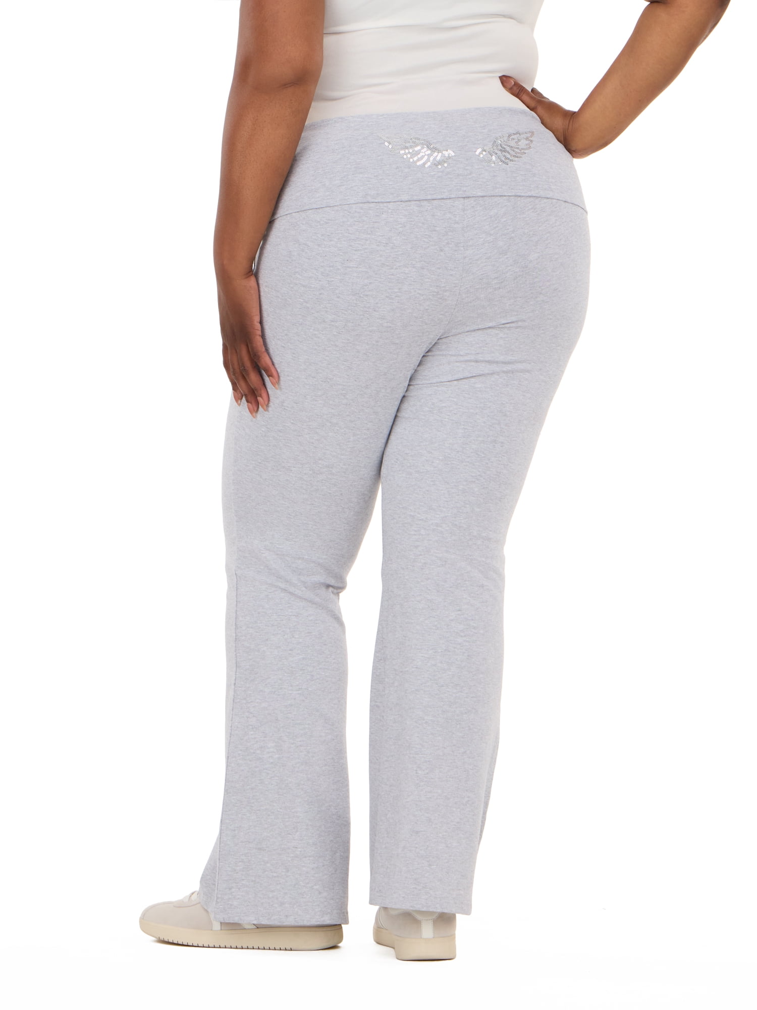 Forever 21 Women's Jersey Fold Over Waist Pants with Graphic Detail, Flare Leg Lounge Pants, Stretch Casual Everyday Comfort Style, Grey, XXS-4X