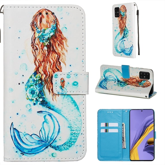 Phone Case for Galaxy A71 4G, Folding Flip Leather Wallet Shockproof Protective Cover with Card Slots Kickstand Magnetic Closure Cute Girls Women Cover for Samsung Galaxy A71 4G, Mermaid