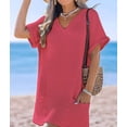 thumbnail image 4 of Swimsuit Coverup for Women Waffle Knit V Neck Short Sleeve Beach Coverup Dress with Pockets Pink L, 4 of 8