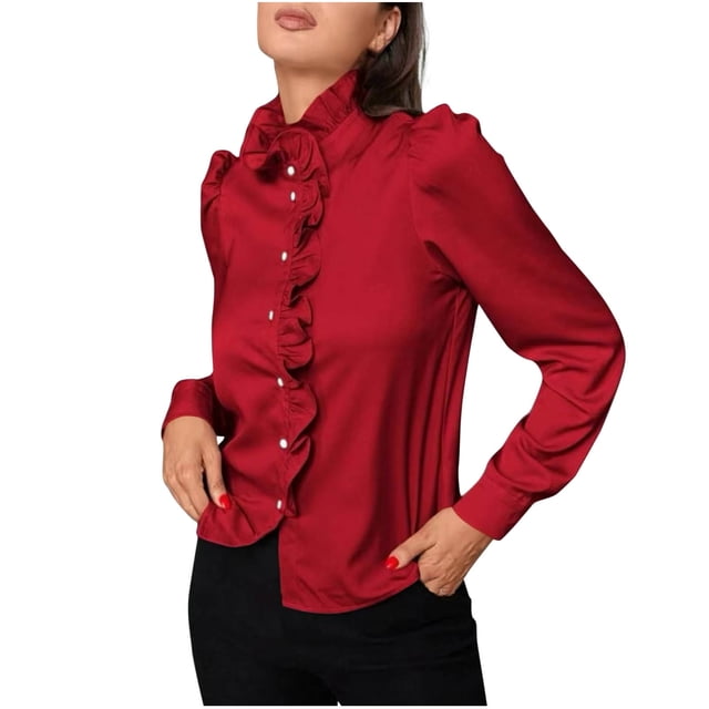 aidice Tops for Womens Dressy Ruffle High Neck Long Sleeve Button up Office Workwear Blouses Tops