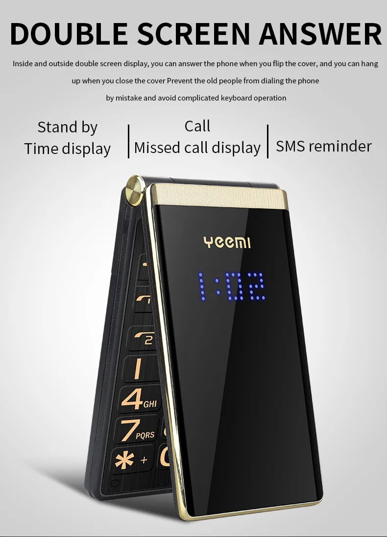 YEEMI M2-C Flip Mobile Phone for Elderly GSM 2G Network Dual SIM 2.8inches 1800mAh Dual Screen Big Letters Cellphone