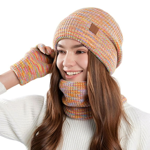 Bibifish 3 PCS Scarf Hat Glove Sets For Women Winter Neck Warmer Hats And Gloves Soft Thermal Knitted Lined Ladeis Scarf Hat Glove Sets