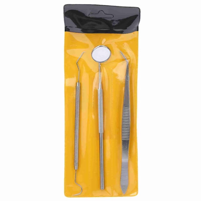 Juego de 3 herramientas dentales de acero inoxidable, espejo bucal, pinzas, kit de higiene y limpieza dental.