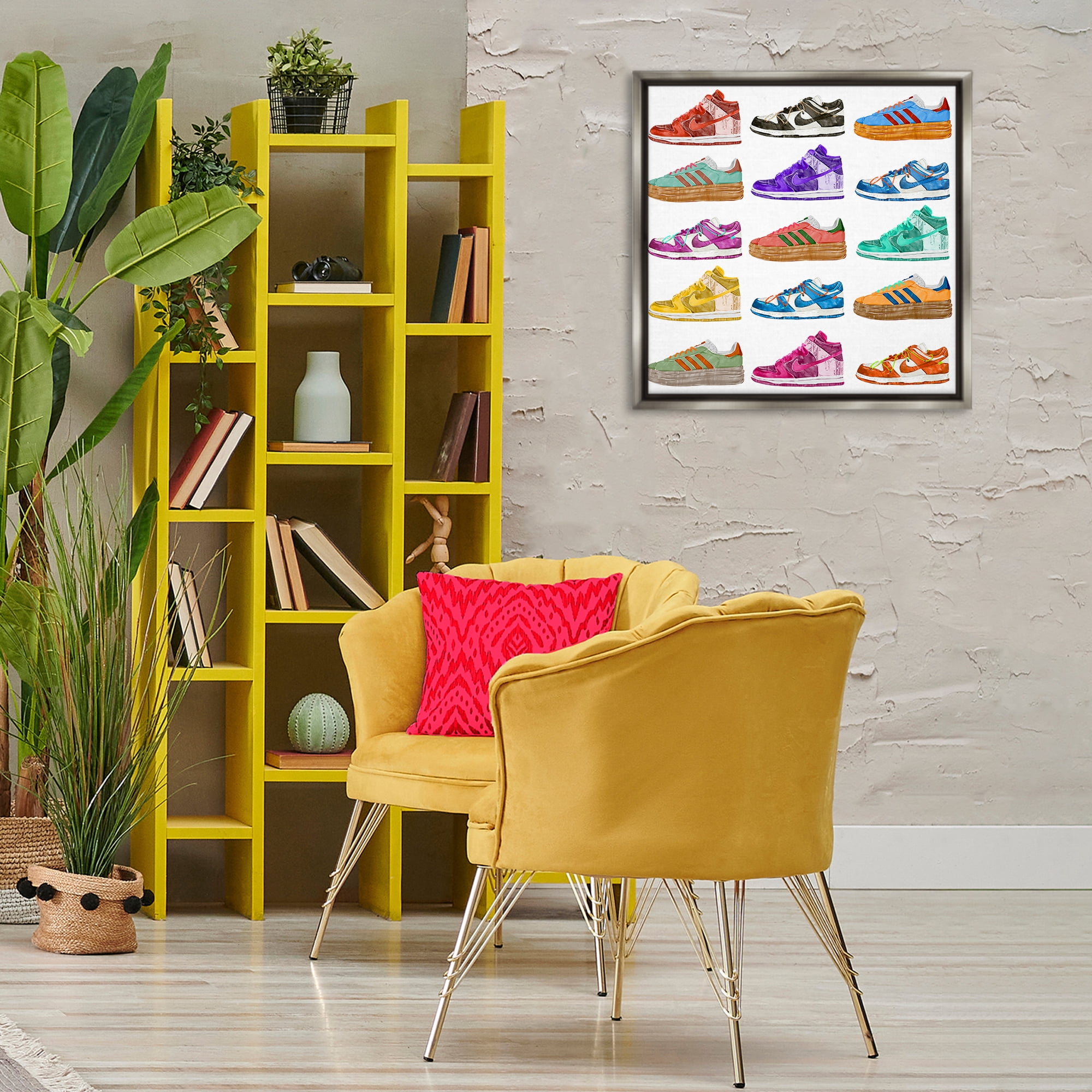 Stupell Industries Fashion Sneakers Array Fashion Painting Gray Floater Framed Canvas Art Print Wall Art, 25 x 25