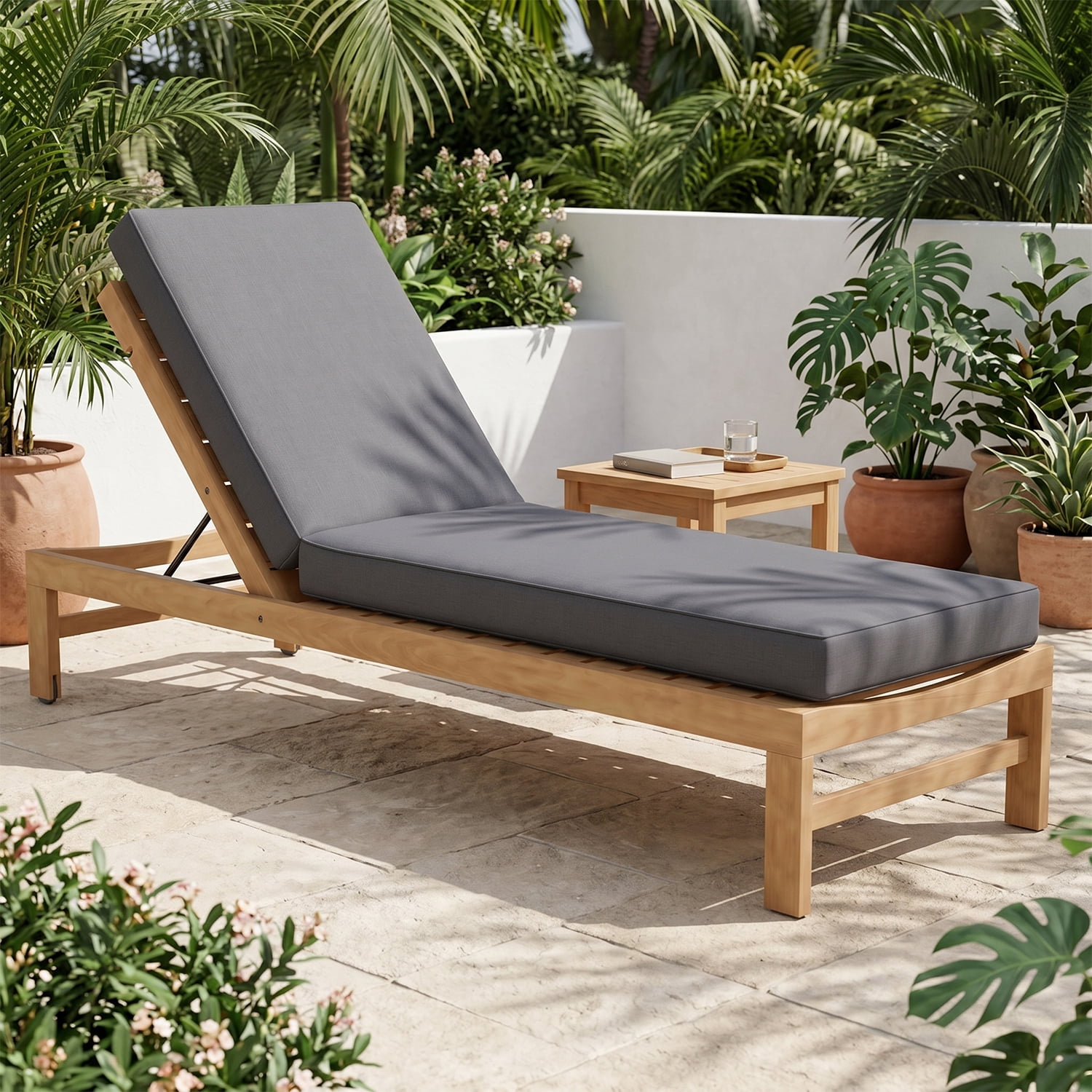 BaPiPro Gray All‑Weather Outdoor Chaise Lounge Cushion, Waterproof High‑Density Patio Recliner Pad, Detachable Zipper Cover & Anti‑Slip Tie‑Downs, Soft High‑Rebound Foam for Pool, Garden & Patio