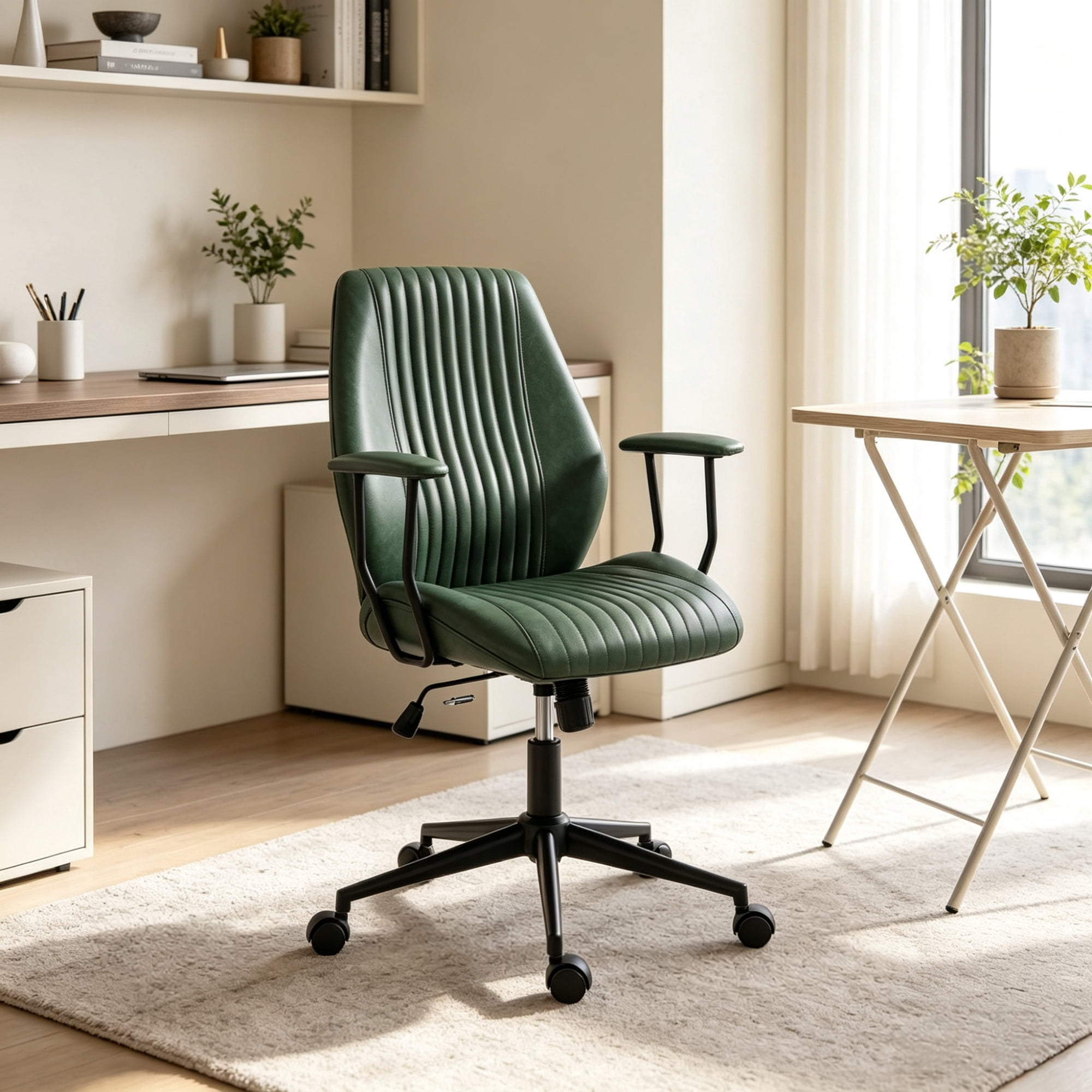 Vintage Leather Office Desk Chair, Padded Arms, 360° Swivel & Adjustable Height, Green