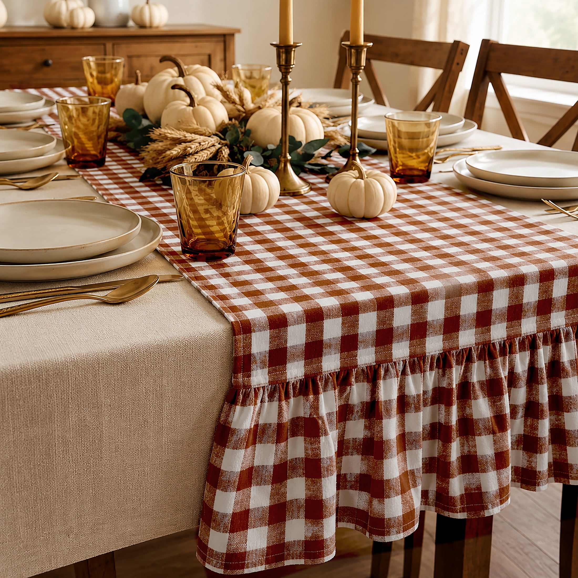 Harvest Gingham Ruffle 13" x 72" Table Runner - 100% Cotton, Rust Orange