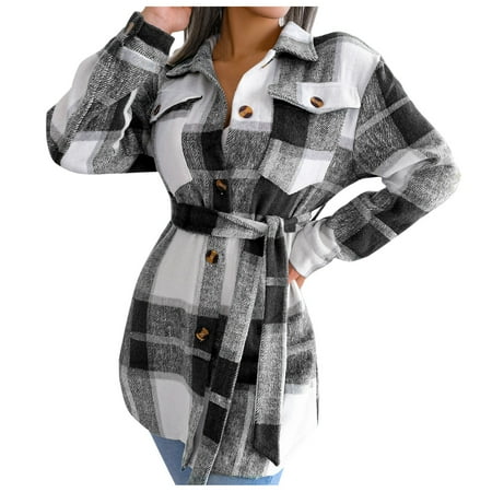 

mveomtd Women Long Sleeve Button Lapel Color Block Plaid Shirts Slouch Relaxed Style Jacket Coat Scrub Fleece Jackets for Women Black