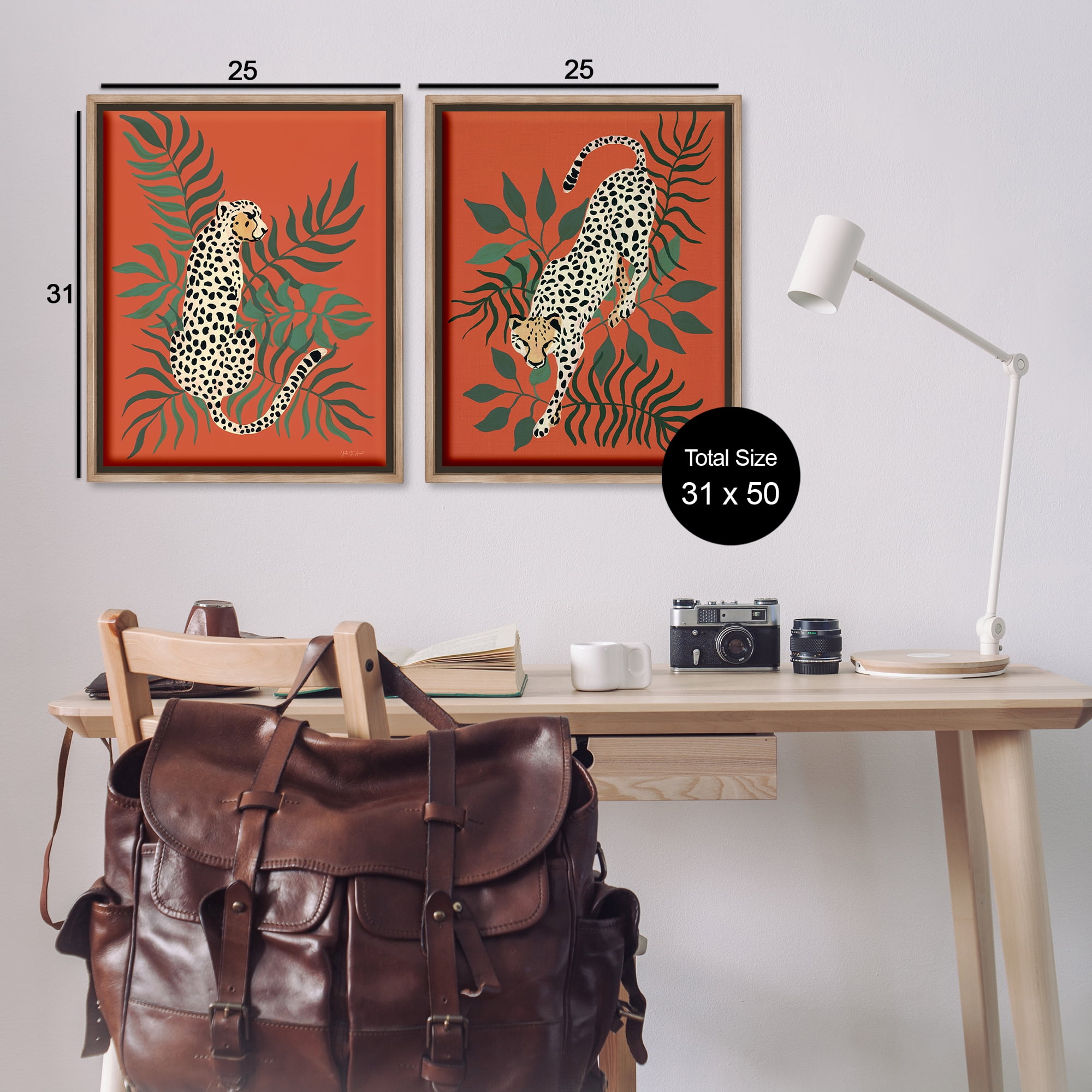 Stupell Industries Sitting Cheetah Prowling Jungle Animals Painting Brown Floater Framed Canvas Art Print Wall Art, 31 x 25, Set of 2