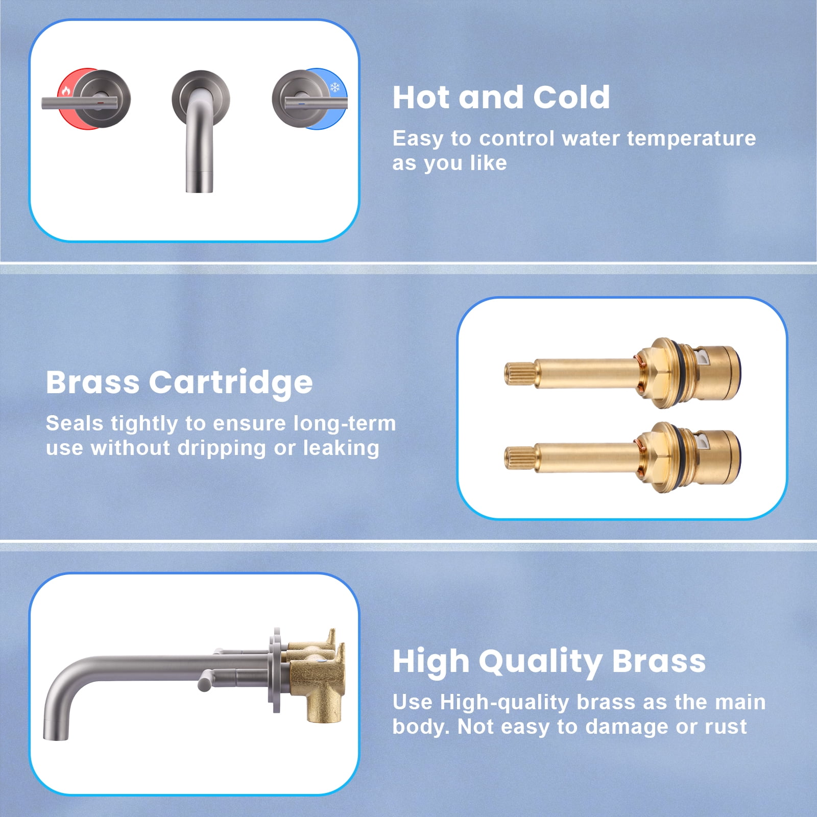Double Handle Wall Mounted Bathroom Faucet with Rough-in Valve Included in Solid Brass Brushed Nickel