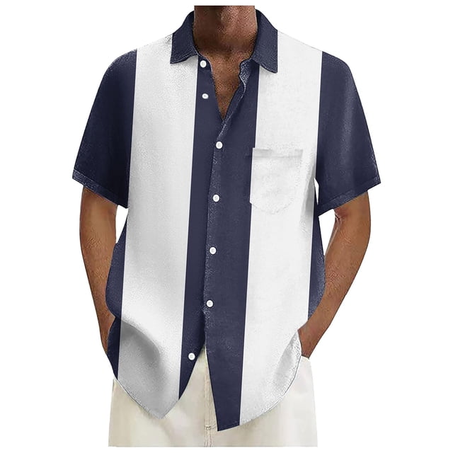 SHIXIAOO Mens Bowling Shirts 1950s Casual Short Sleeve Button Up Contrast Shirt Summer Color Block Cuban Shirts Kimono Work Neck Pack