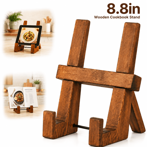 Genreen 8.8-Inch Wooden Cookbook Stand – Rustic Brown Recipe Holder for Kitchen Counter – Hands-Free Tablet & Book Display with Upgraded Stability Rod
