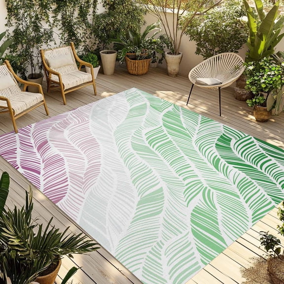 Ombre Green Pink Outdoor Rug for Patio/Deck/Porch, Non-Slip Large Area Rug 3 x 5 Ft, Summer Coastal Ocean Sea Beach Wave Indoor Outdoor Rugs Washable Area Rugs, Reversible Camping Rug Carpet Runner
