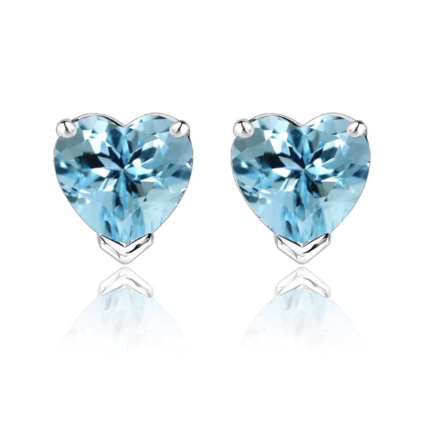 JeenMata Hermosos Aretes Tipo Botón con Topacio Azul de Talla Corazón de 1 Quilate (Piedra Natal de Diciembre) en Baño de Oro Blanco de 18 K sobre Plata