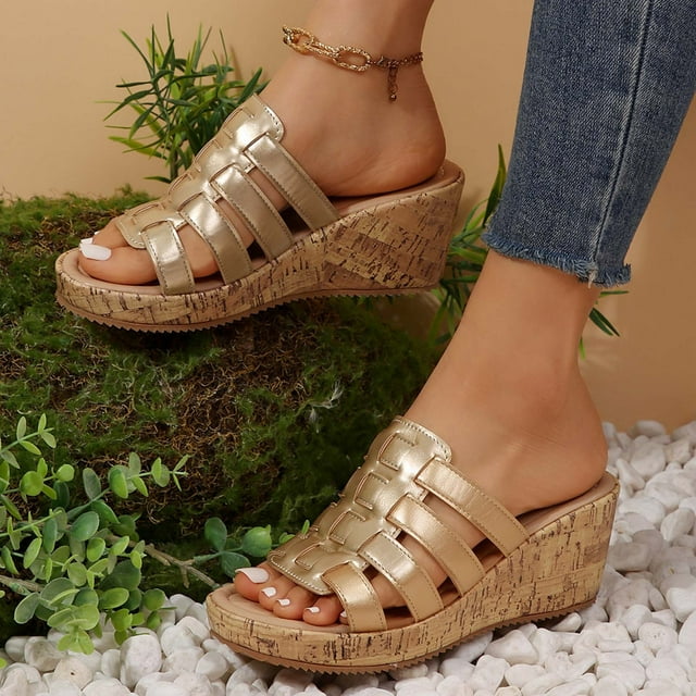WIZUTIZ Sandales Compensées pour Femmes Sandales de Randonnée Confortables Élastiques Sandales de Plage à Enfiler Bout Rond Chaussures d'Été Talon Plat (O"-1) Sandales Larges Solides pour Femme Week-End Saint-Valentin