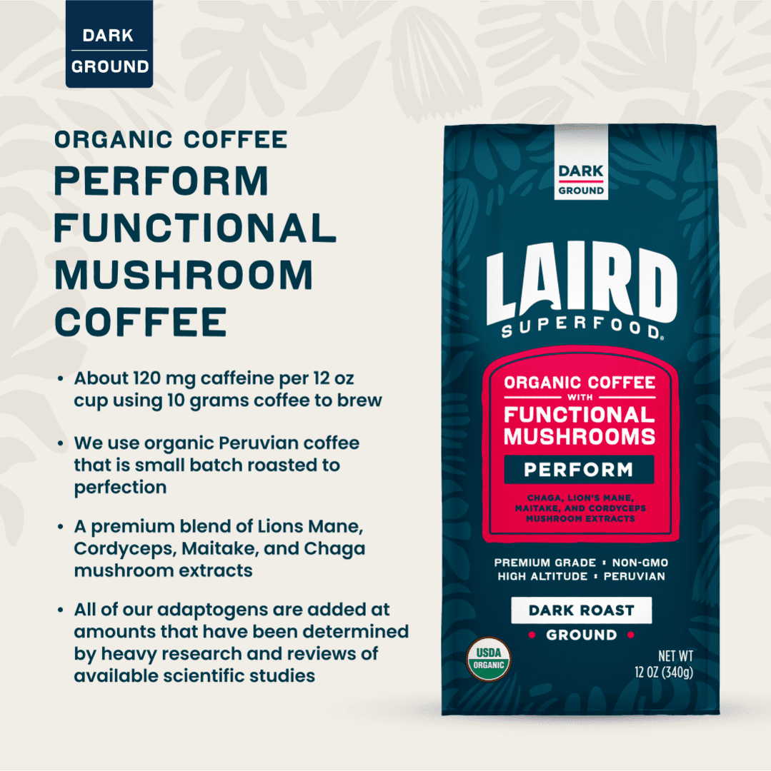 Laird Superfood Peruvian Dark Roast Coffee with Functional Mushrooms, Certified Organic Peruvian Ground Coffee Beans, Gluten-Free, Dairy-Free, Non-GMO, Paleo, Keto Friendly, 12 oz. Bag