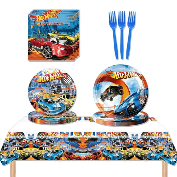JMOCD 51Pcs Blue Racing Cars Party Tableware Set, Birthday Party Supplies Decorations Set, tablecloth,Plates, Napkins,Cutlery,10 Guests