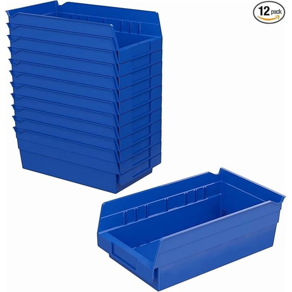 Plastic Shelf Bins, Heavy Duty Storage Bins for Garage, Closet, and Drawer Organization, 12-Inch x 6-1/2-Inch x 4-Inch, Blue, 12-Pack