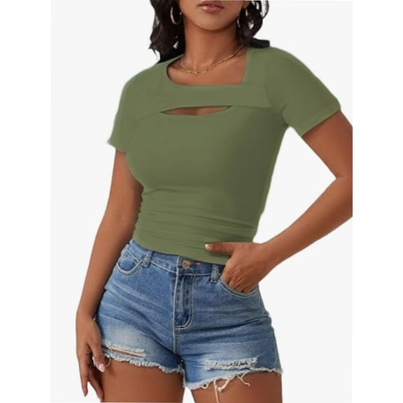 Womens Fashion Clothes One Piece Cutout Tops Short Sleeve Slim Fitted Shirts Tee Tshirts