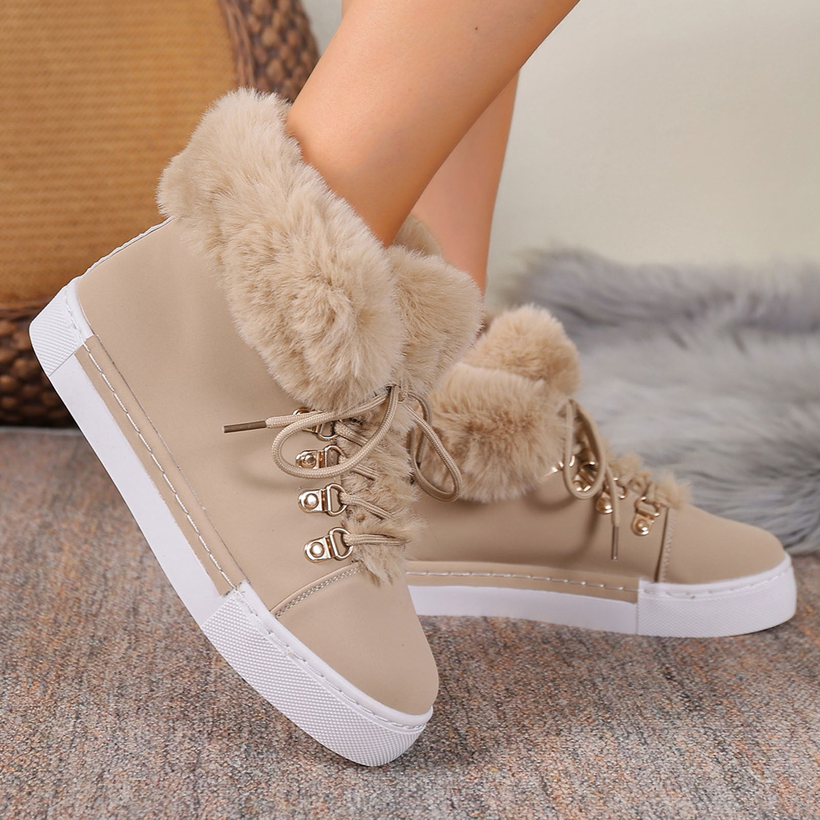 Dasayo Hiking Ladies Boots Ankle Yellow Furry Winter Faux Leather Lace up Flat Heel Shoes Shoes for Women 42